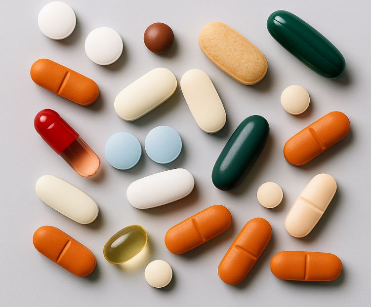 A variety of colorful pills and tablets on a neutral background, representing multiple medications.